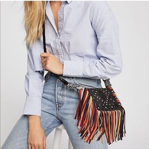 Free People Foreverly Rainbow Fringe Stud Boho Leather Suede Crossbody
